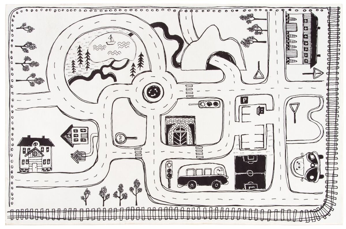 Mainos Veke: mustavalkoinen liikennematto sopii moneen sisustukseen leikkejä unohtamatta. 